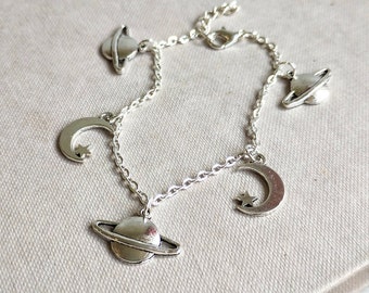 Love You to the Moon and to Saturn Charm Bracelet, Saturn Moon Charm Necklace, Friendship Bracelet, Folk, Seven, Saturn Moon Earrings