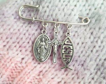Virgin Mary Brooch, Safety Pin Lapel, Jesus Crucifix, Ichthys Fish, Miraculous Medal, Catholic, Magdalene, Guadalupe, Bag Charm, Christian