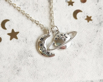 Love You Moon and Saturn Necklace, Moon Saturn Planet Earrings, Celestial, Folk, Seven, Friendship, Mismatched, Star, Silver Moon, Saturn