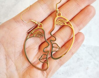 Face Earrings, Kiss, Lips, Lover, Gold, Abstract Face, Dangle Earrings, Arty, Girlfriend Gift