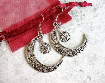 Moon and Sun Earrings, Crescent Moon Earrings, Celestial Earrings, Moon Necklace, Silver Moon Sun, Hippie Earrings Necklace, Filigree