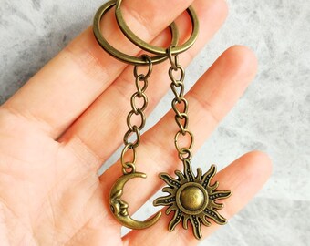 Bronze Sun and Moon Keychains, Friendship Keyrings, Celestial, Boho, Hippie, Festival, Bag Charm, Crescent Moon, Star, BFF Gift