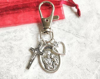 St Joseph Crucifix Clip Charm, Jesus Keychain, Saint Joseph Medal, Backpack, Bag Clip, Zipper Charm, Catholic, God, Religious, Bible