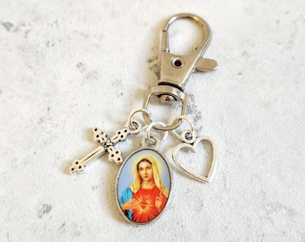 Virgin Mary Jesus Clip Bag Charm, Jesus Keychain, Our Lady, Blessed, Rosary, Miraculous Medal, Backpack, Catholic, Mary Magdalene, Guadalupe