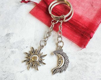 Sun and Moon Keychains, Friendship Keyrings, Celestial, Boho, Hippie, Bag Charm, Witchy, Crescent Moon, Wiccan, Star, BFF Gift