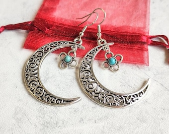 Crescent Moon Earrings, Turquoise Stone, Flower Moon Earrings, Celestial Earrings, Filigree, Red Stone, Statement Moon Dangle Earrings