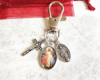 Divine Mercy Clip Charm, Crucifix, Miraculous Medal, Virgin Mary, Jesus, Backpack Clip, Catholic, Mary Magdalene, Guadalupe, Saint Faustina