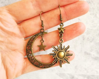 Moon and Sun Earrings, Bronze Moon Earrings, Celestial Earrings, Mismatched Earrings, Crescent Moon Earrings, Hippie Sun Star Earrings, Gold