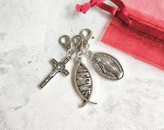 Jesus Christ Zip Charms, Virgin Mary, Ichthys Fish, Crucifix Cross, Our Lady, Bag Clips, Rosary, Miraculous Medal, Mary Magdalene, Guadalupe