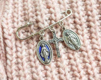 Virgin Mary Brooch, Safety Pin Lapel, Jesus Crucifix, Miraculous Medal, Catholic, Mary Magdalene, Guadalupe, Our Lady, Bag Charm, Scarf Pin