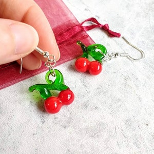 Cherry Earrings, Cherry Necklace, Glass Lampwork Earrings, Cherry Hoop Earrings, Festival Earrings, Kawaii Gift, Cherry Red, Fruit Earrings