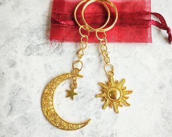 Gold Sun and Moon Keychains, Friendship Keyrings, Silver, Bronze, Celestial, Boho, Hippie, Festival, Bag Charm, Crescent Moon, Wiccan, Star