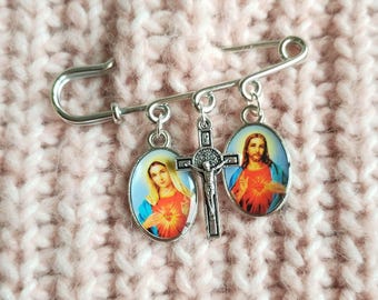 Virgin Mary Brooch, Jesus Safety Pin, Lapel, Crucifix, Miraculous Medal, Catholic, Mary Magdalene, Christ, Guadalupe, God, Bible, Bag Charm