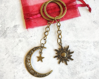 Bronze Sun and Moon Keychains, Friendship Keyrings, Silver, Gold, Celestial, Boho, Hippie, Festival, Bag Charm, Crescent Moon, Star, BFF