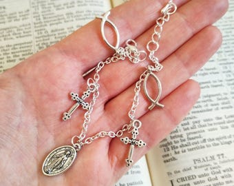 Virgin Mary Charm Bracelet, Miraculous Medal, Religious, Crucifix Cross, Our Lady, Blessed, Holy, Catholic, Guadalupe, Jesus, Ichthys Fish