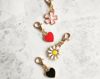 Flower Bag Charms, Heart Zip Charms, Knitting, Enamel Charms, Stitch Marker, Daisy, Cherry Blossom, Red Heart, Black Heart, Crochet Charms
