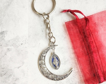 Virgin Mary Celestial Keychain, Moon Cross Keyring, Our Lady, Crescent Moon, Rosary, Miraculous Medal, Catholic, Magdalene, Guadalupe, Jesus