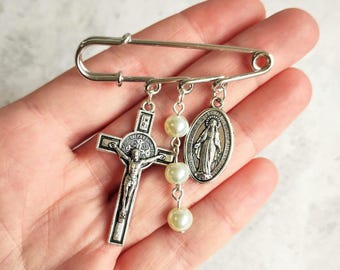 Jesus Crucifix Safety Pin Brooch, Virgin Mary, Miraculous Medal, Lapel Pin, Pearl, Rosary, Chaplet, Guadalupe, Our Lady, Bag Charm, Catholic