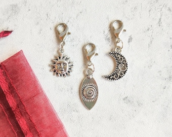 Sun Moon Bag Charms, Zip Charm, Stitch Marker, Knitting, Crochet, Diary Charm, Shoe Lace, Journal, Purse Clip, Bracelet Charm, BFF Gift