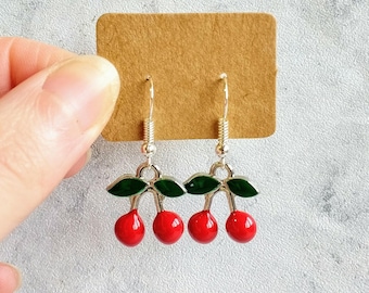 Cherry Earrings, Cherry Necklace, Enamel, Dangle, Y2K, Quirky Earrings, Fruit, Cherries, Gift for her, Funky
