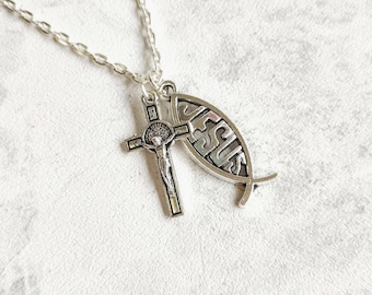 Crucifix Jesus Necklace, Ichthys Fish, IMRI, Faith, Christian Necklace, Catholic, Bible, Ichthus Fish, Religious Gift