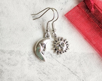 Mini Moon and Sun Earrings, Crescent Moon Earrings, Celestial Earrings, Mismatched Earrings, Silver Moon Earrings, Hippie, Sun, Lunar