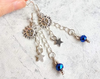 Sun Dangle Chain Earrings, Sun Star Necklace, Blue Crystal, Dainty Celestial Earrings, Silver Sun, Hippie Sun Star Earrings, Celestial Gift