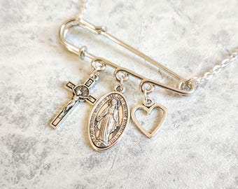 Virgin Mary Crucifix Safety Pin Necklace, Jesus Chain, Our Lady, Blessed, Rosary, Miraculous Medal, Catholic, Mary Magdalene, Guadalupe