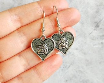 Valentines Heart Earrings, Heart Necklace, Cupid Keychain, Angel, Love Heart, Gift for Her, Handmade, Cherub, Galentines, Girlfriend Gift