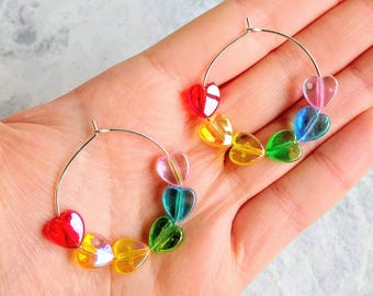 Rainbow Heart Hoop Earrings, LGBTQ Earrings, Pride, NHS Rainbow, Equality, Gay, Lesbian, Bi, Trans, Queer, Handmade, Festival