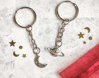 Love You to the Moon and to Saturn Keychains, Moon Saturn Earrings, Bag Charm, Folk, Seven, BFF Keychains, Taylor, Friendship Keyring, Ever