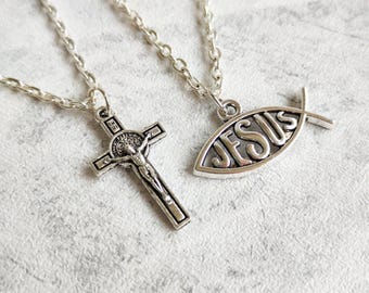 Crucifix Cross Necklace, Jesus Necklace, Ichthus Fish, Christian, Holy, Catholic, Religious, Ichthys Fish, IMRI, Faith, Bible, Son of God