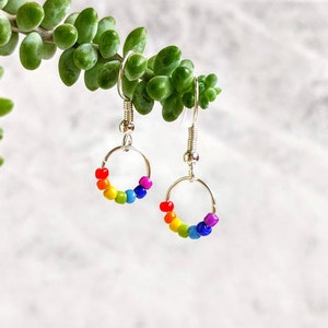Mini Rainbow Drop Earrings, LGBTQ Earrings, Gay Pride Earrings, NHS Rainbow, Equality Lesbian Trans Queer Earrings, Rainbow Bead Hoop Ring
