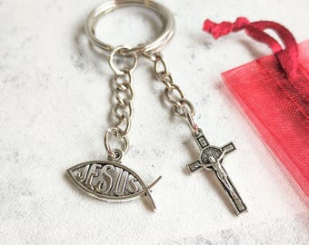 Jesus Keychain, Crucifix Cross, Ichthys Fish, Blessed, IMRI, Faith, Christian, Catholic, Jesus Fish, Religious, Bible, Ichthus Fish, Keyring
