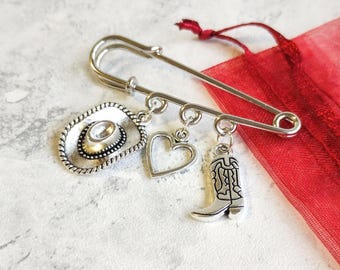 Cowboy Like Me Brooch, Safety Pin Lapel, Bag Charm, Cowboy Boot, Cowboy Hat, Zip Charm, Clip, School Bag, Cowboy Pin, Rodeo, Country Western