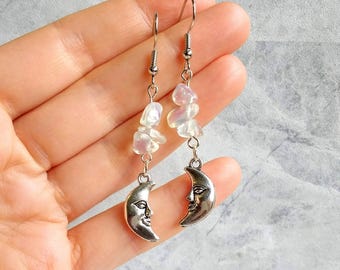 Opalite Moon Earrings, Celestial Moon, Gemstone, Healing, Crystal, Handmade, Silver Moon, Sky, Lunar, Chakra, Moonstone, Precious, Calm