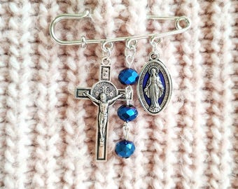 Jesus Crucifix Safety Pin Brooch, Virgin Mary, Miraculous Medal, Lapel Pin, Rosary Beads, Chaplet, Guadalupe, Our Lady, Bag Charm, Catholic