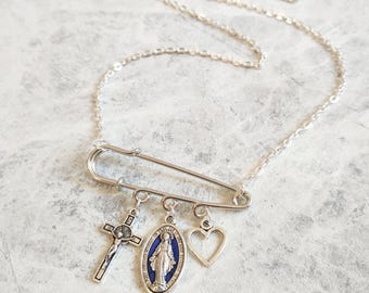 Virgin Mary Crucifix Safety Pin Necklace, Jesus Chain, Our Lady, Blessed, Rosary, Miraculous Medal, Catholic, Mary Magdalene, Guadalupe