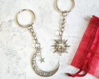 Silver Sun and Moon Keychains, Friendship Keyrings, Bronze, Gold, Celestial, Boho, Hippie, Festival, Bag Charm, Crescent Moon, Wiccan, Star