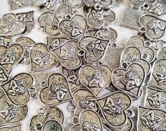 30 Heart Charms, Crafting, Silver Hearts, Cherub Cupid Charms, Heart Pendants, Bulk, Angel Charms, Jewellery Making
