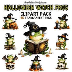 Puede incluir: Un paquete de imágenes prediseñadas digitales titulado HALLOWEEN WITCH FROG que contiene 15 archivos PNG transparentes. La colección muestra ranas verdes con sombreros de bruja negros, interactuando con calabazas, calaveras, libros de hechizos, velas y calderos.