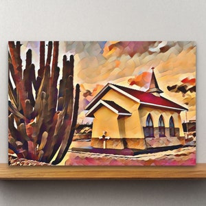 Church Behind the Cactus Canvas Art| wall art large living room | wall art living room | artwork original paintings landscape | wall canvas