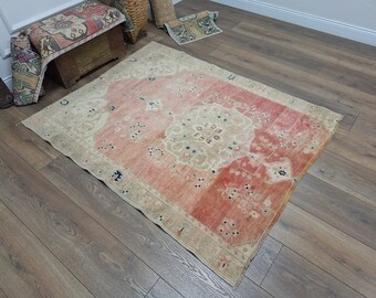 Red Area Rug, Beige Area Rug, Hallway Rug, Saloon Rug, Minimalist Rug, Mid Century Rug, Nomadic Rug, Kitchen Rug, Custom Rug, 4.6 x 5.8 Ft