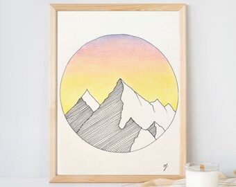 Minimalist drawing with liner, pen, unique, handmade to order, landscape, mountains, colorful sky, format A6, A5, A4 and A3
