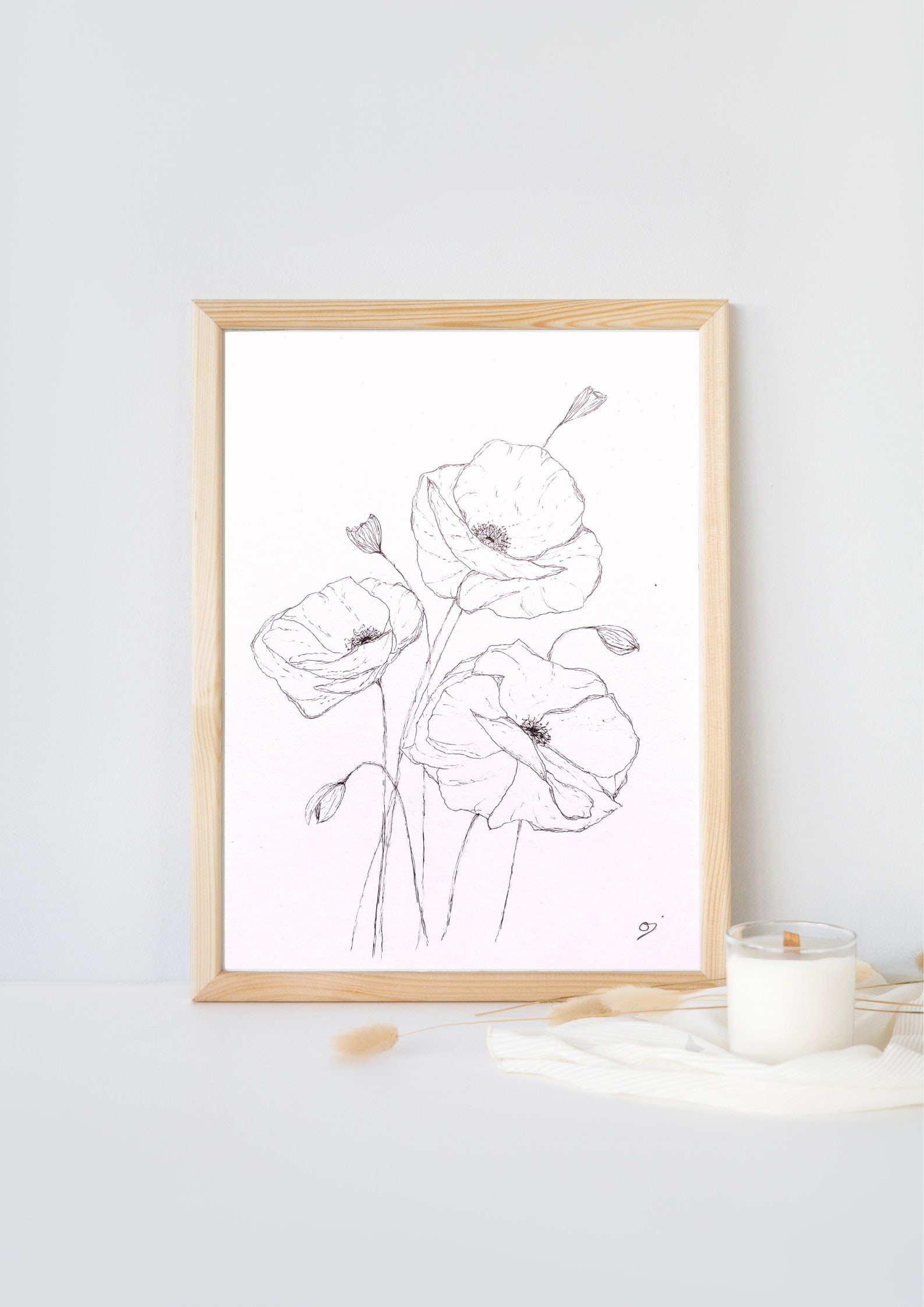 Handmade drawing on order, illustrations, poppies, bouquet, black and white, sizes A6, A5, A4 and A3