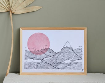 Minimalist drawing with liner, pen, unique, handmade to order, landscape, mountains, sunset, formats A6, A5, A4 and A3