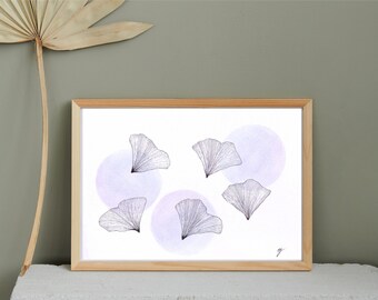 Unique drawing, handmade to order, liner, colorful, ginko flowers, illustration, wall decoration, sizes A6, A5, A4 and A3