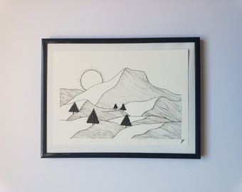 Dessin paysage au liner, stylo, unique, fait main sur commande, montagnes, soleil couchant, illustration, formats A6, A5 et A4