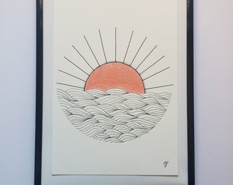 Dessin minimaliste au stylo, unique, fait main sur commande, paysage, mer, soleil couchant, formats A6, A5 et A4, illustration