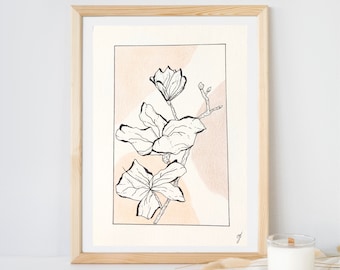Floral pen drawing, unique, handmade to order, cherry, flowers, illustration, sizes A6, A5, A4 and A3